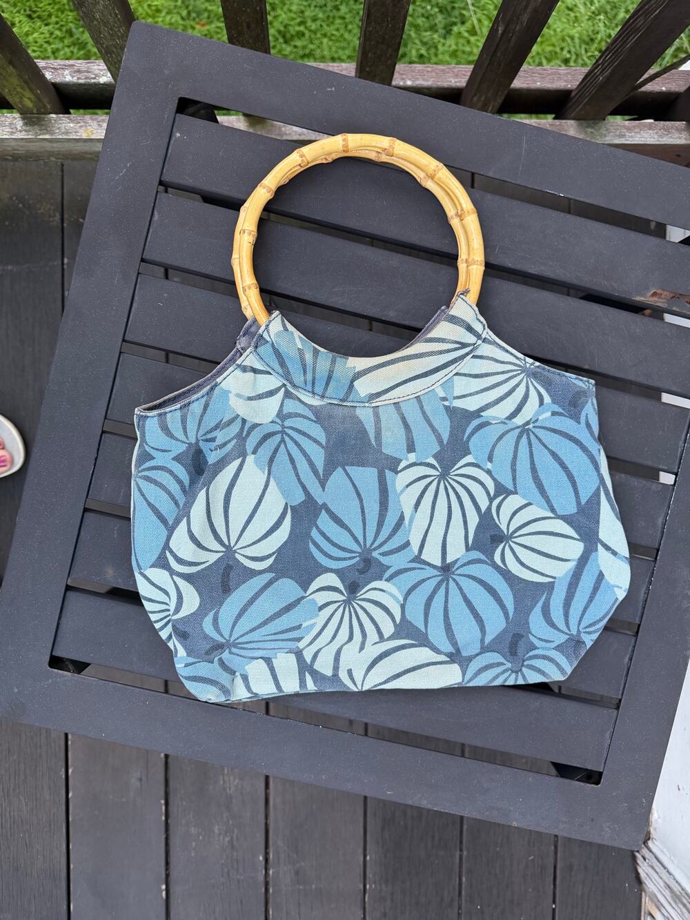 Old Navy Blue Floral Canvas Bamboo Handle Handbag Y2K Boho Tote